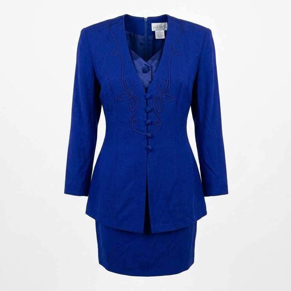 Vtg 80 Miss Darby Royal Blue Dress 10 Soutache Trim Mock Jacket Front Whimsigoth